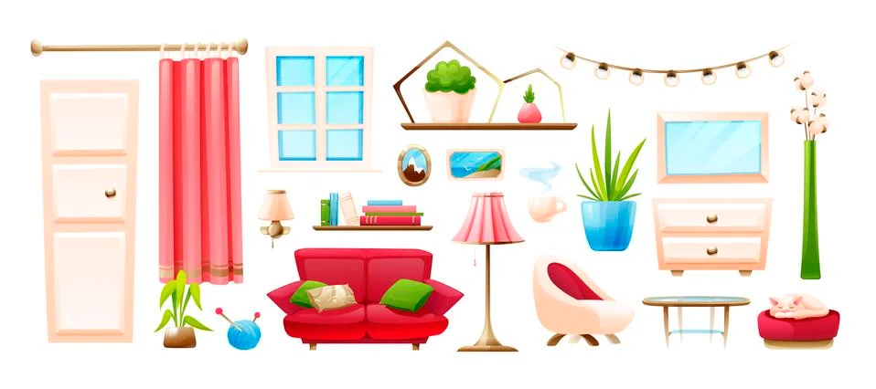 Set of cozy home objects in cartoon style Stock Illustration