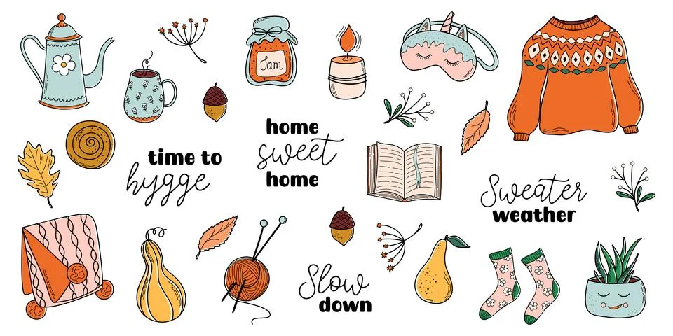 Set of cozy home theme vector illustration. Hygge time. Stock Illustration