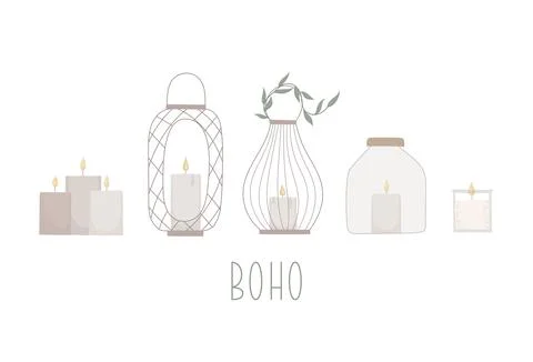 Set of cozy lanterns with candle vector illustration. Beige boho hand drawn Stock Illustration
