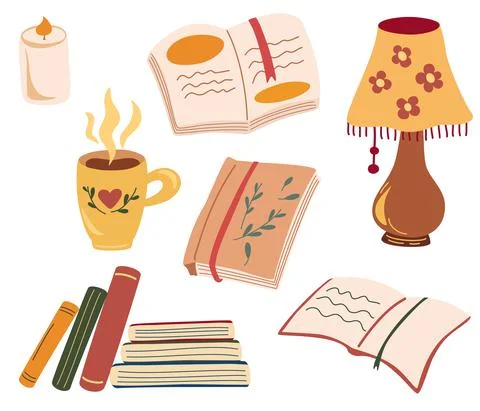 Set for cozy reading. Various paper books, candles, table lamp a cup with a h Stock Illustration