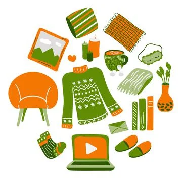Set of cozy things, home interior. Wool sweater and socks. Plaids and slipp.. Stock Illustration