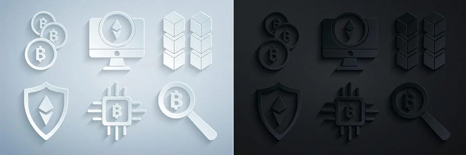 Set CPU mining farm, Blockchain technology, Shield Ethereum ETH, Magnifying 스톡 일러스트
