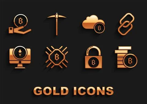 Set CPU mining farm Chain link Cryptocurrency coin Bitcoin Lock with bitcoin  스톡 일러스트