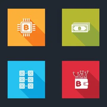 Set CPU mining farm, Cryptocurrency bitcoin, Mining and wallet icon. Vector 스톡 일러스트
