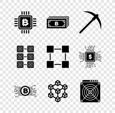 Set CPU mining farm, Cryptocurrency bitcoin, Pickaxe, circuit, Blockchain Stock Illustration