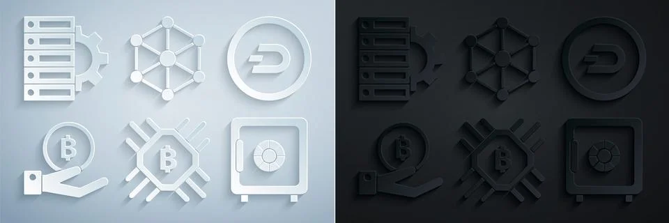 Set CPU mining farm, Cryptocurrency coin Dash, Hand holding Bitcoin, Safe Stock Illustration