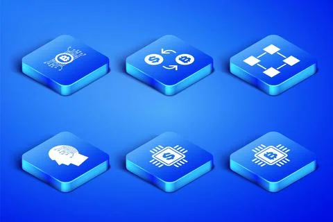 Set CPU mining farm, Cryptocurrency bitcoin circuit, Processor chip with dollar Stock Illustration