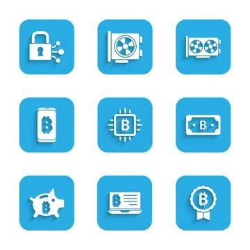 Set CPU mining farm, Mining bitcoin from laptop, Bitcoin, Cryptocurrency, Piggy Stock Illustration