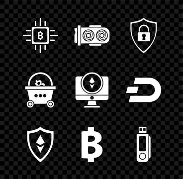 Set CPU mining farm Mining Shield security with lock Ethereum ETH Cryptocurre Stock Illustration