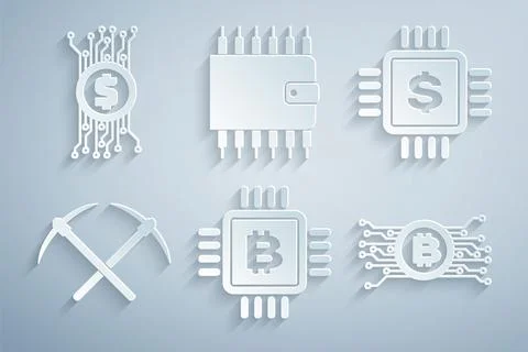 Set CPU mining farm, Processor chip with dollar, Crossed pickaxe, Cryptocurrency Stock Illustration