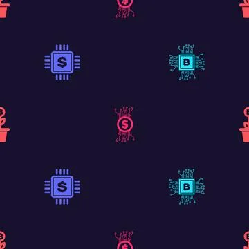 Set CPU mining farm, Processor chip with dollar, Cryptocurrency bitcoin circu Stockillustratie