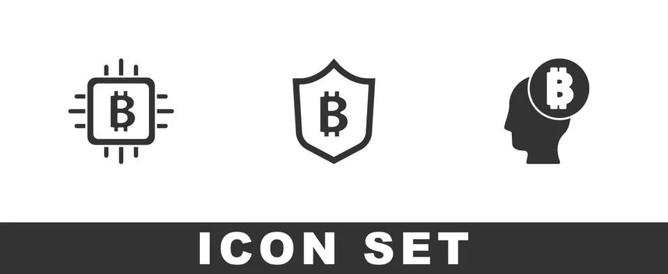 Set CPU mining farm, Shield with bitcoin and Bitcoin think icon. Vector Illustrazione stock