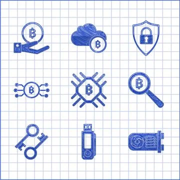 Set CPU mining farm, USB flash drive, Mining, Magnifying glass with Bitcoin Stock Illustration