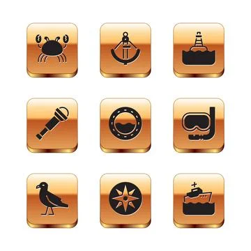 Set Crab, Bird seagull, Wind rose, Ship porthole, Spyglass telescope lens 스톡 일러스트