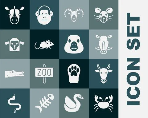 Set Crab, Cow head, Wild boar, Head of goat or ram, Rat, Sheep, Rhinoceros and Stock Illustration