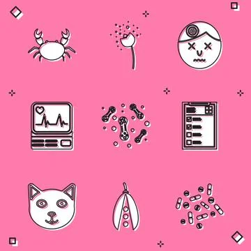 Set Crab, Flower producing pollen, Man having headache, Monitor with cardiogr Stock Illustration