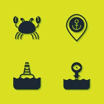 Set Crab, Periscope, Floating buoy and Location with anchor icon. Vector Stock Illustration