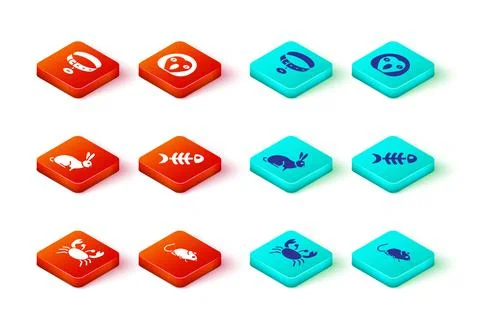 Set Crab, Rat, Rabbit, Fish skeleton, Owl bird and Collar with name tag icon Stock Illustration
