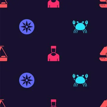 Set Crab, Wind rose, Sailor captain and Yacht sailboat on seamless pattern Stock Illustration