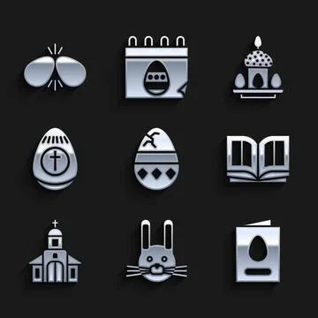 Set Cracked egg, Easter rabbit, Greeting card with Happy, Holy bible book, Ch Stock Illustration