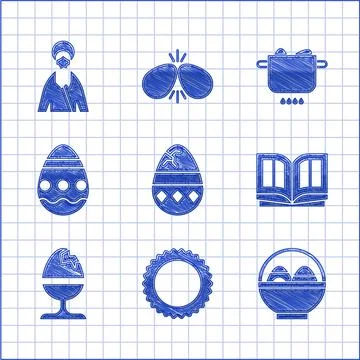 Set Cracked egg, Sun, Basket with easter eggs, Holy bible book, Chicken on stand Stock-Illustration