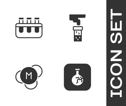 Set Cracked flask, Test tube and, Molecule and icon. Vector Ilustración de archivo