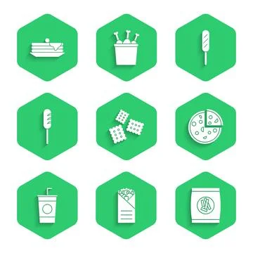 Set Cracker biscuit, Doner kebab, Hard bread chucks crackers, Pizza, Paper glass Stockillustratie