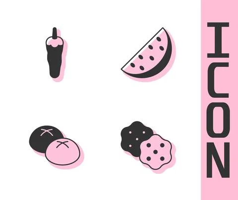Set Cracker biscuit, Hot chili pepper, Bread loaf and Watermelon icon. Vector Stock Illustration