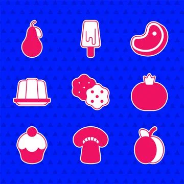 Set Cracker biscuit, Mushroom, Plum fruit, Tomato, Muffin, Jelly cake, Steak Stock Illustration