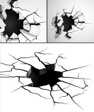 Set of cracks in wall on white background. Breaking surface from strong impact 스톡 일러스트
