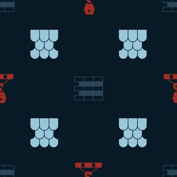 Set Crane hook, Bricks and Roof tile on seamless pattern. Vector Stock Illustration