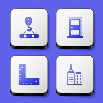 Set Crane hook, Closed door, Corner ruler and City landscape icon. White square Illustrazione stock