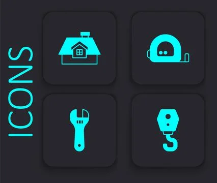 Set Crane hook, House, Roulette construction and Adjustable wrench icon. Black Stock Illustration