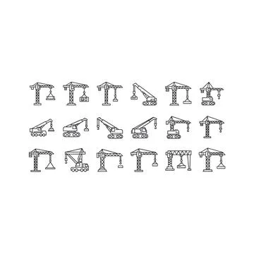 Set of crane illustrations in various styles with represents construction Illustrazione stock