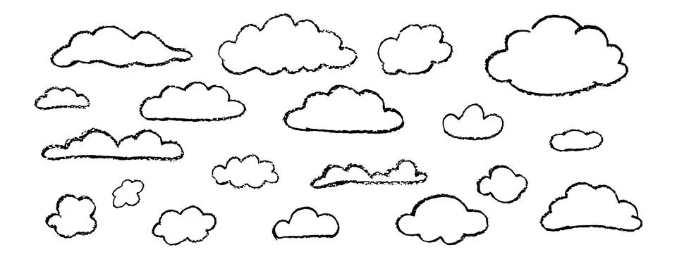 Set of crayon abstract clouds. Hand drawn cartoon overcast sky. Vector Stock Illustration