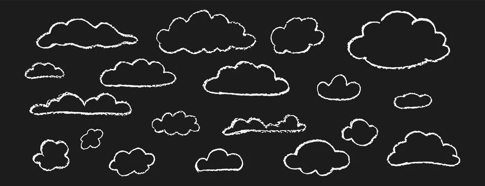 Set of crayon abstract clouds. Hand drawn cartoon overcast sky. Vector Stock Illustration