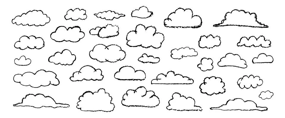 Set of crayon abstract clouds. Hand drawn cartoon overcast sky. Vector Stock Illustration