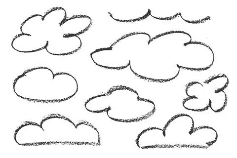 Set of crayon drawn clouds in kids style. Childish doodle Stock Illustration