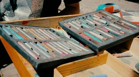 Set of crayons for drawing on an easel Stock Footage 55806181