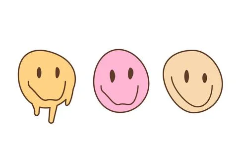 Set of crazy melting and dripping smile faces outline color icons. Drug trip psy Stock Illustration