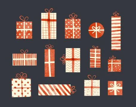 Set of cream-colored and red gift boxes in vintage style on dark background. Illustrazione stock