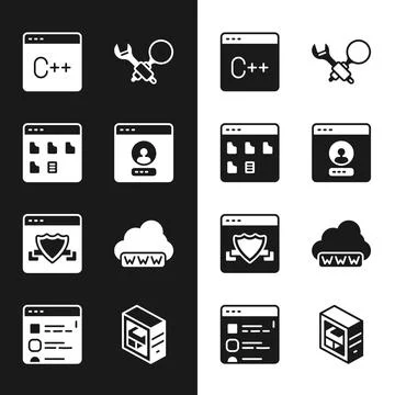 Set Create account screen, Browser files, Software, Debugging, with shield, Web Stock Illustration