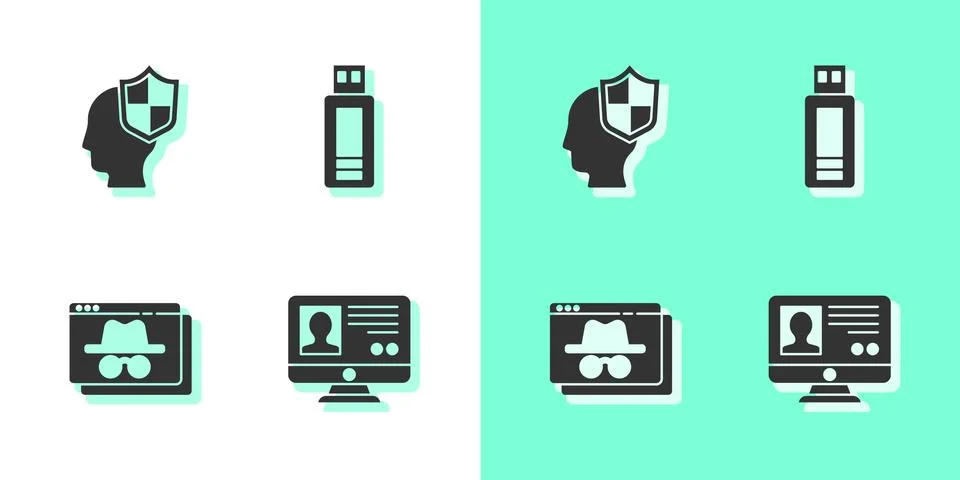 Set Create account screen, Head with shield, Browser incognito window and USB イラスト素材