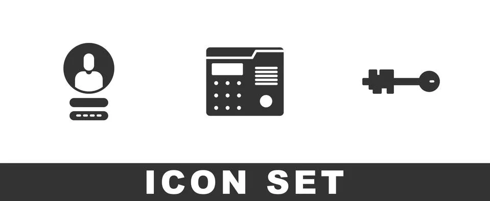 Set Create account screen, House intercom system and Old key icon. Vector Stock Illustration