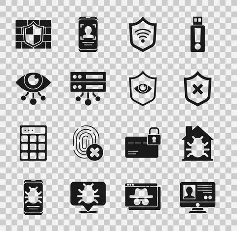 Set Create account screen, House system bug, Shield with cross mark, WiFi Illustrazione stock