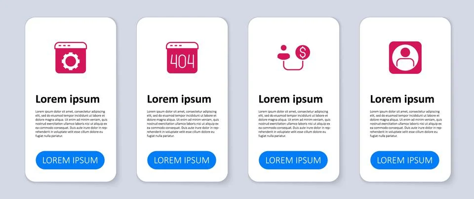 Set Create account screen, Human and money, Page with 404 error and Browser Stock Illustration