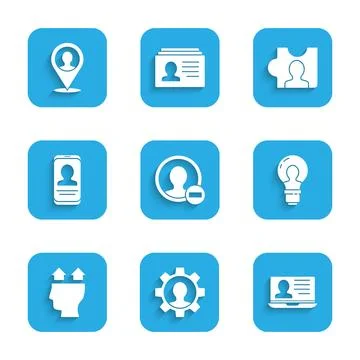 Set Create account screen, Human with gear, Laptop resume, Head lamp bulb, .. Stock Illustration