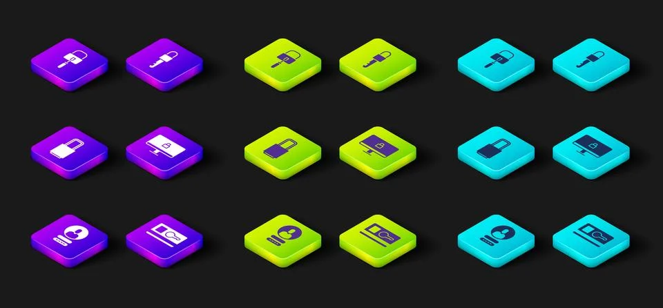 Set Create account screen, Key card, Lock, on computer monitor, Locked key and Illustrazione stock