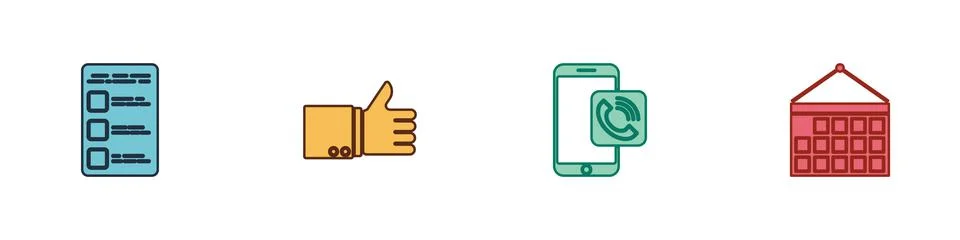 Set Create account screen on mobile, Hand thumb up, Mobile phone call and Cal Illustrazione stock