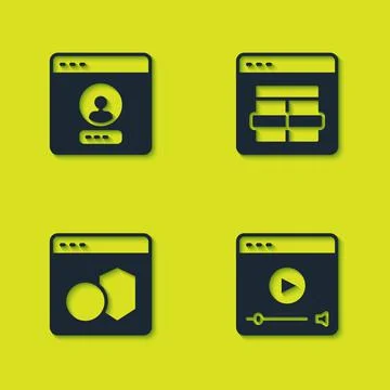 Set Create account screen, Online play video, Software and MySQL code icon Stock Illustration